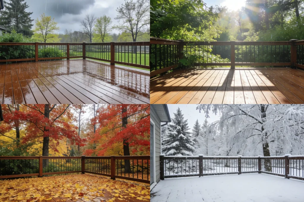 All-season WPC decking solution for Canadian homes, featuring resistance to rain, sun, autumn leaves, and heavy snow, while maintaining a natural wood appearance.