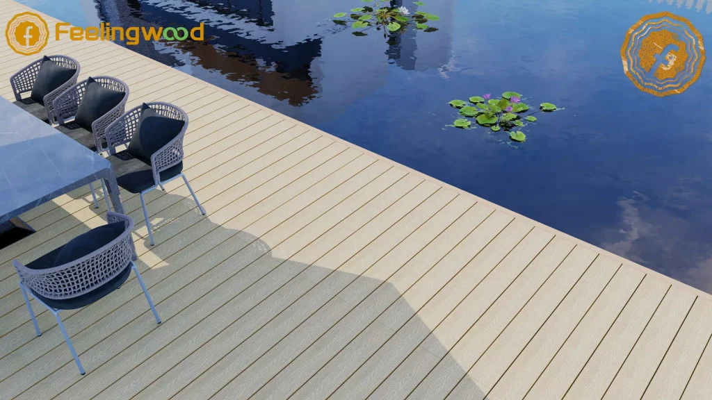 Light-colored Feelingwood WPC decking on a Canadian waterfront residential patio—showcasing wpc maintenance advantages, water-resistant performance, and suitability for outdoor dining spaces.
