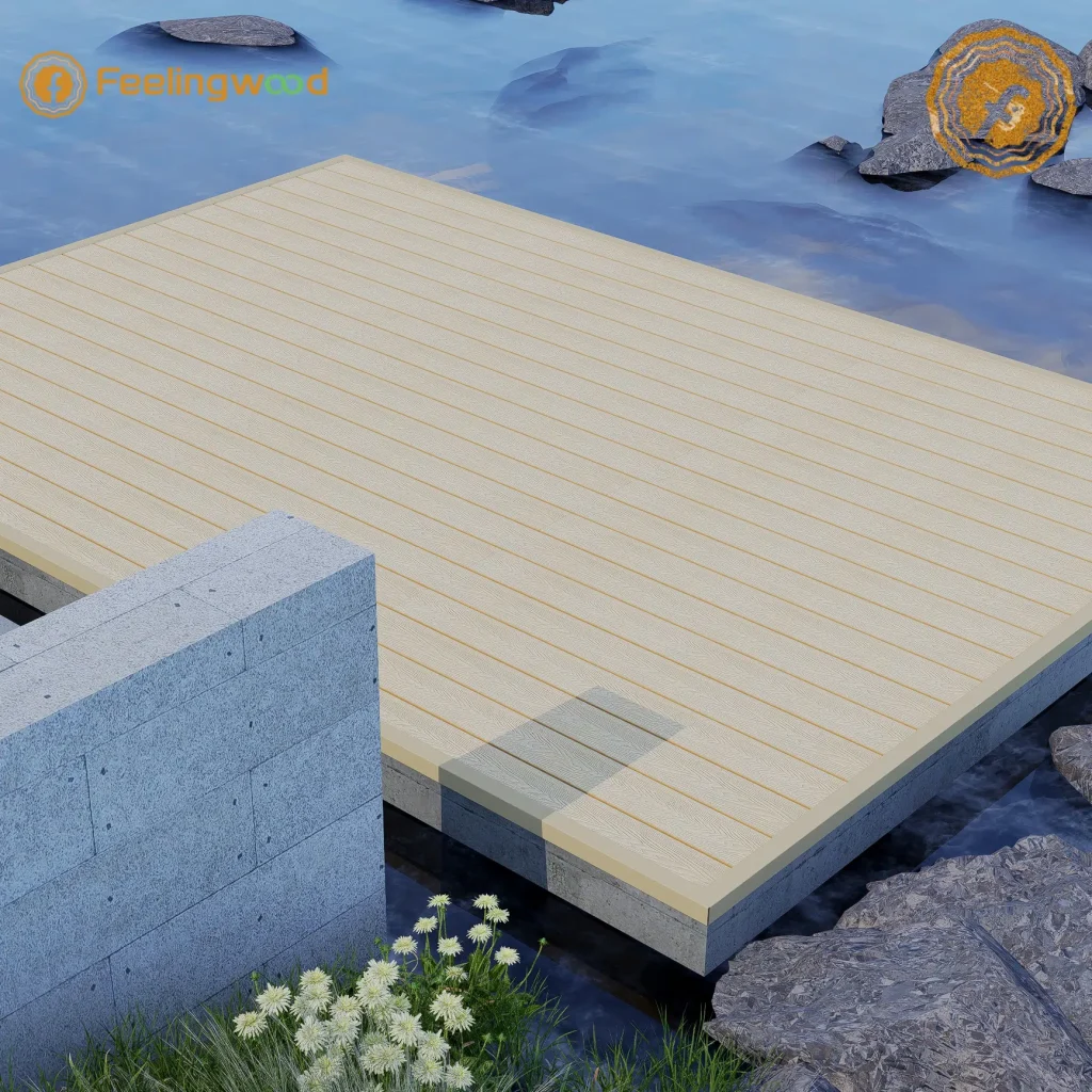 Feelingwood WPC decking installed on a modern outdoor platform deck beside water, showcasing durable composite decking with natural wood texture for outdoor spaces.