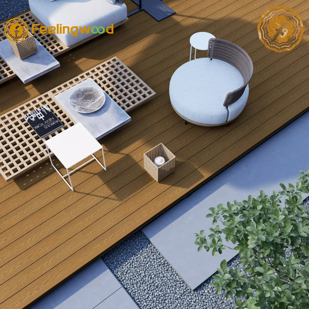 Outdoor living space with Feelingwood WPC decking, featuring natural wood texture composite decking and modern patio furniture for comfortable backyard relaxation.