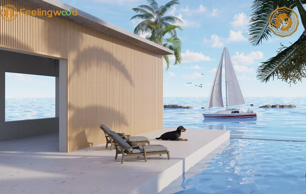 Water-resistant WPC wood cladding by Feelingwood, ideal for tropical and Canadian coastal climates.
