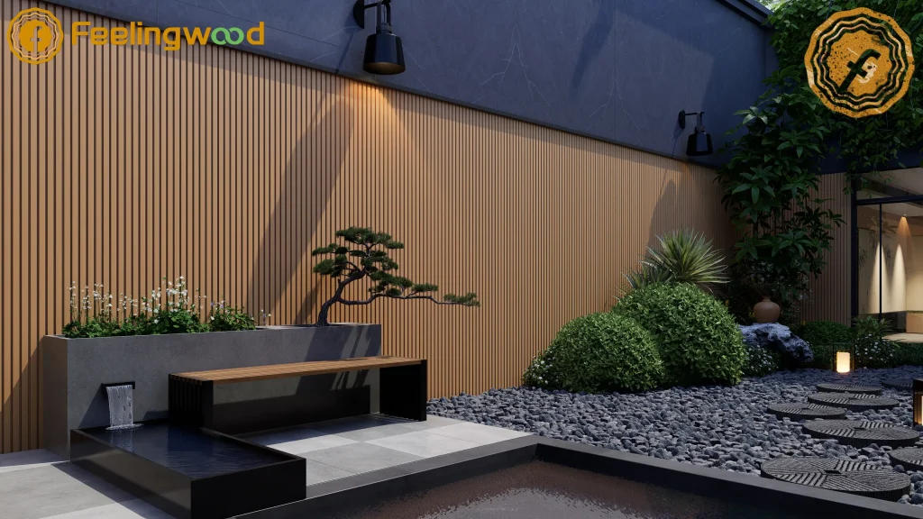 Feelingwood WPC cladding with vertical groove design in a serene modern garden, featuring a water feature, bonsai tree, and stepping stones.