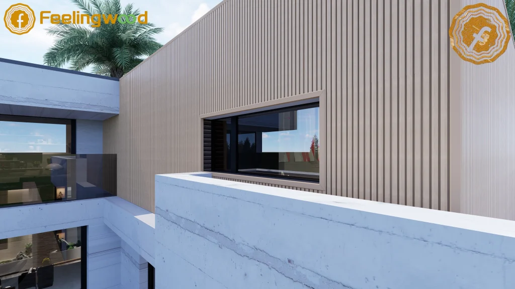 Feelingwood WPC cladding with vertical groove design on a modern multi-story residential facade, integrated with concrete architecture.