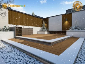 Feelingwood WPC decking and cladding in a winter outdoor kitchen, showcasing snow-resistant performance in Canada.