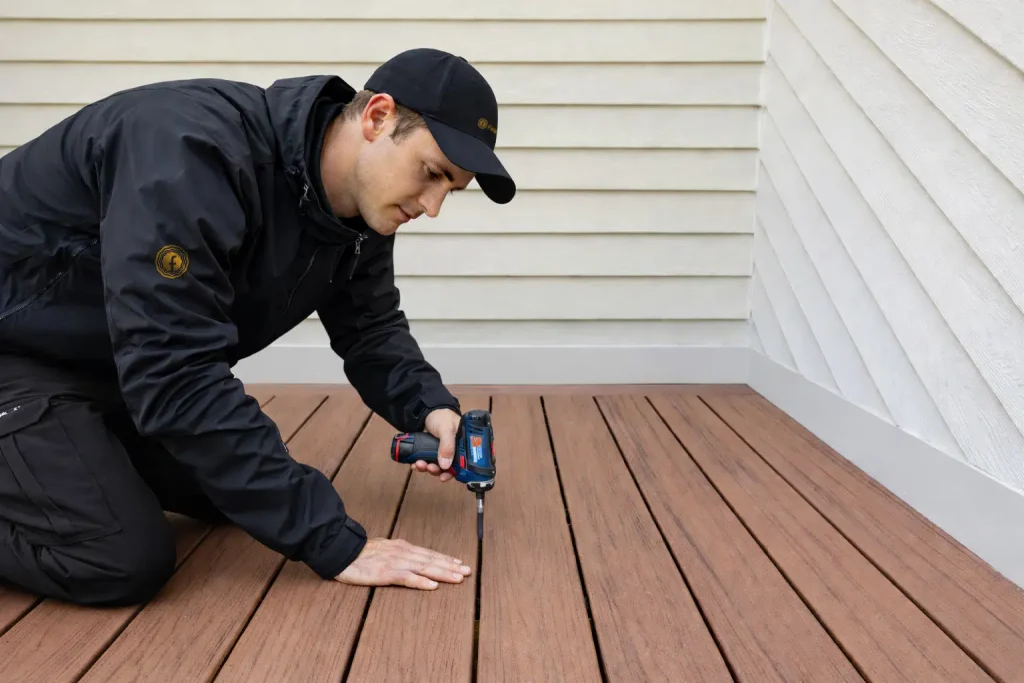 Contractor installing Feelingwood WPC decking boards on an outdoor deck using power tools, demonstrating the composite decking installation process.