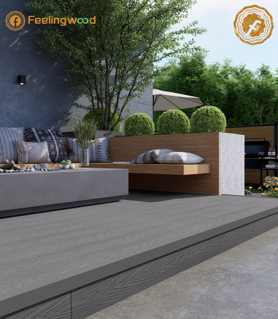 Modern outdoor living space featuring Feelingwood WPC decking on a patio deck, creating a durable and stylish composite decking area for backyard relaxation.