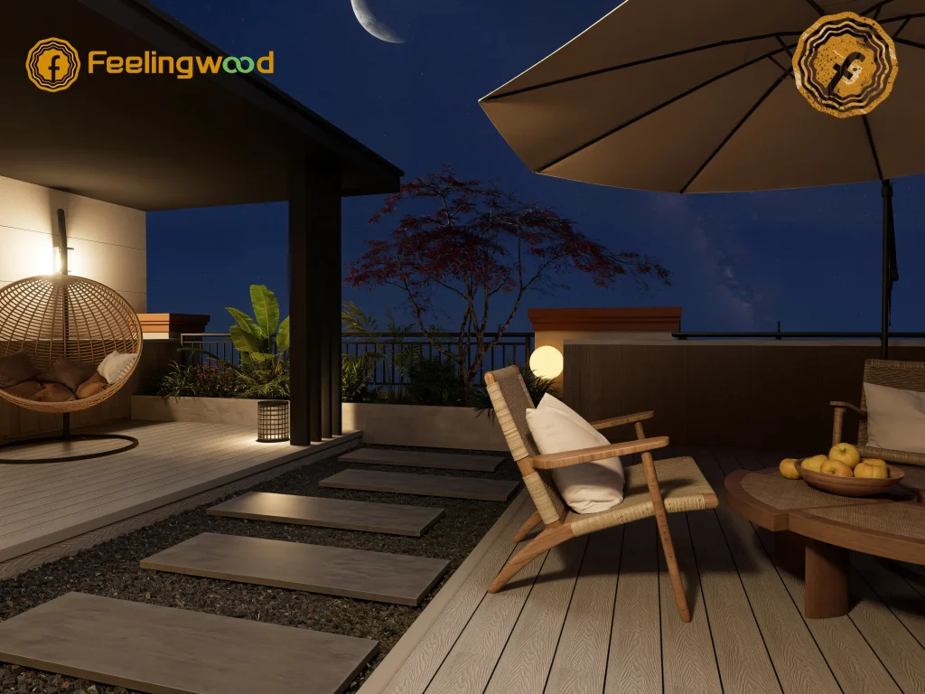 Stunning nighttime rooftop patio featuring Feelingwood WPC decking, with ambient lighting, wicker furniture, and a crescent moon, showcasing durable, low-maintenance outdoor flooring for evening relaxation.
