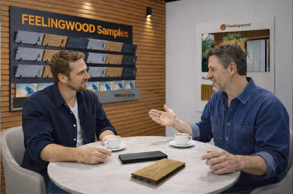 Feelingwood showroom consultation with WPC decking samples on the table and a sample board in the background, showcasing a professional environment for selecting durable, low-maintenance outdoor flooring solutions.