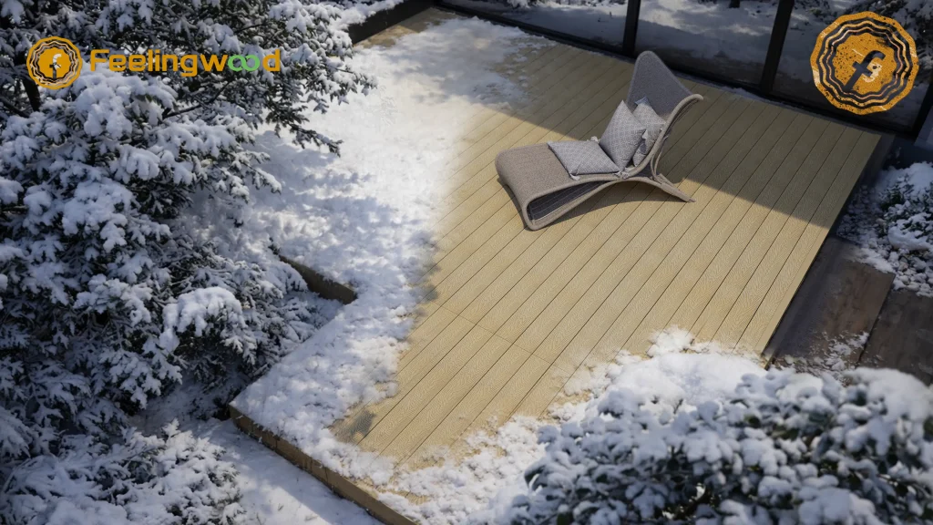 Feelingwood WPC decking on an outdoor residential deck in a snowy Canadian winter, demonstrating WPC performance, durability, and stability in cold climate and freeze-thaw conditions.