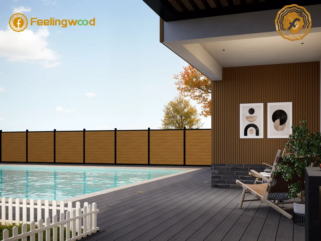 Modern poolside backyard featuring Feelingwood WPC fencing, vertical WPC cladding, and dark grey WPC decking, showcasing a cohesive, low-maintenance, weather-resistant outdoor living solution ideal for Canadian climates.