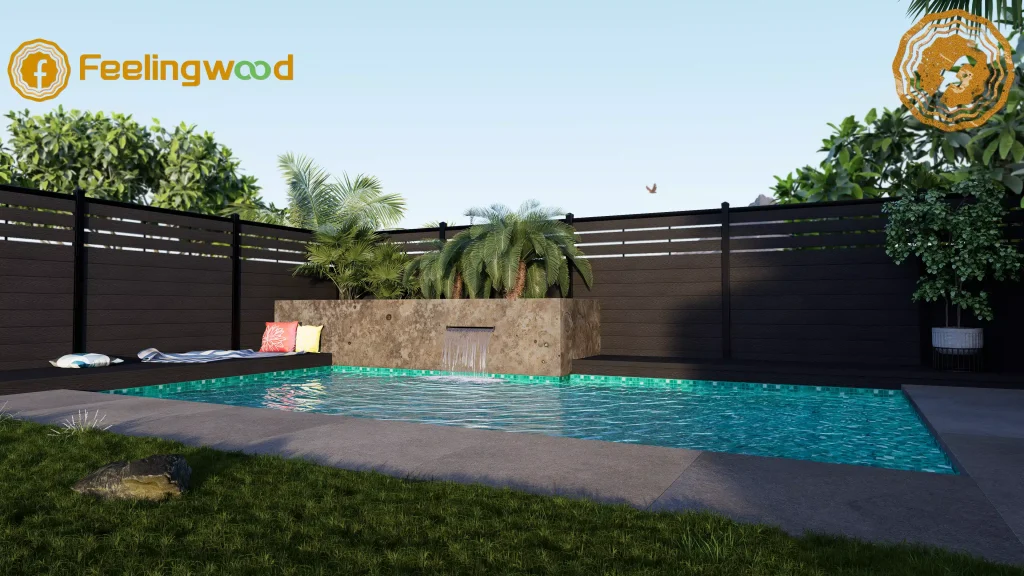 Feelingwood dark grey WPC fencing enclosing a luxury residential swimming pool area, providing privacy, safety boundary, and modern aesthetic for the outdoor backyard space.