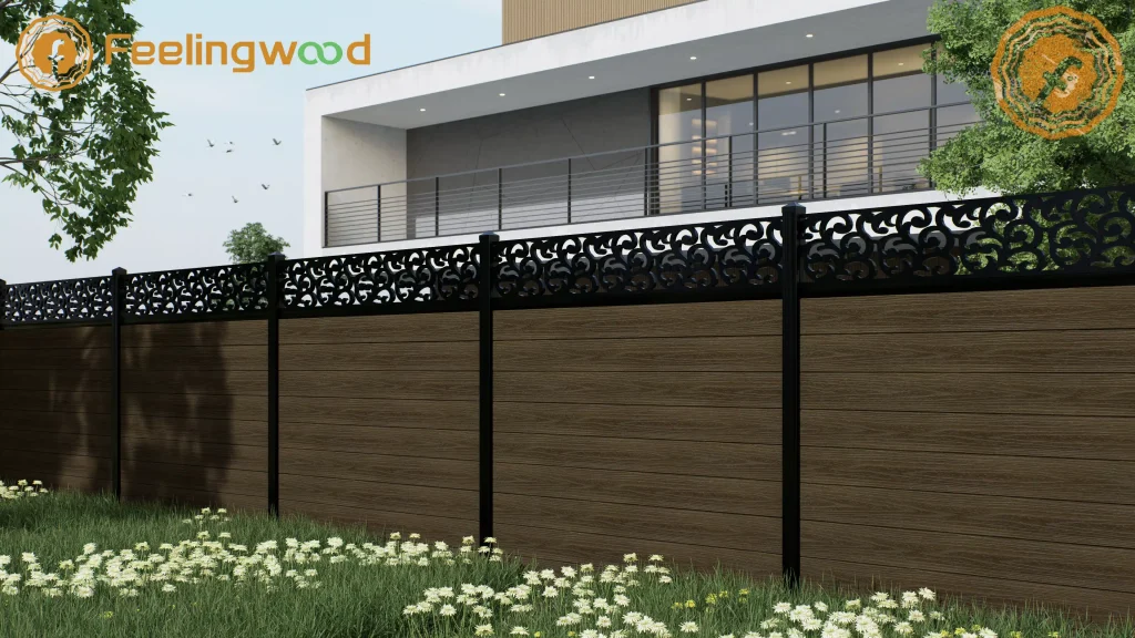 Feelingwood brown wood-grain WPC fencing with intricate black laser-cut decorative scrollwork on top, adding artistic elegance to a modern residential property boundary.