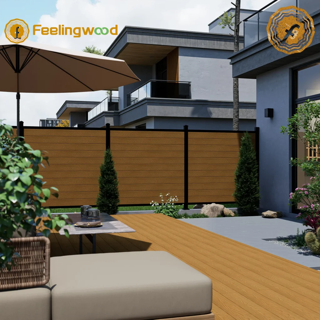 Feelingwood brown wood-grain WPC full-privacy fencing, paired with matching composite decking, creating a secure and cohesive modern residential backyard.