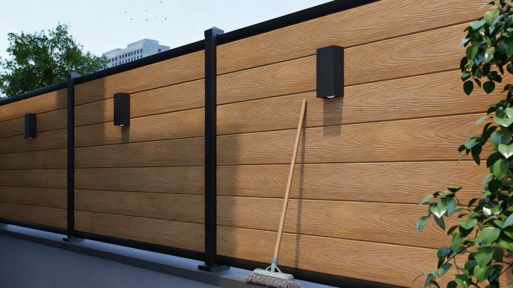WPC fence with black metal frame and LED lights, featuring a mop leaning against it to highlight the easy-clean, low-maintenance benefits for Canadian backyards.