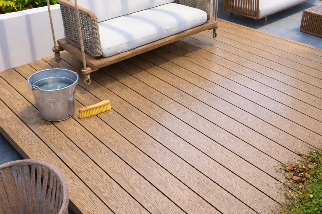 Modern outdoor patio with light brown WPC decking being cleaned, featuring a bucket, brush, and stylish wicker swing, showcasing the easy-to-clean, low-maintenance benefits of WPC decking.