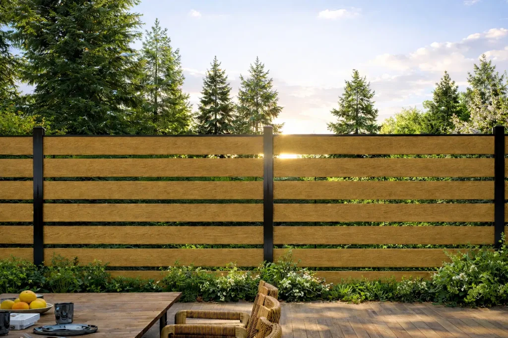Modern Canadian backyard patio with wood-grain WPC fencing, black metal posts, and an outdoor dining area, showcasing low-maintenance, weather-resistant fencing at sunset.