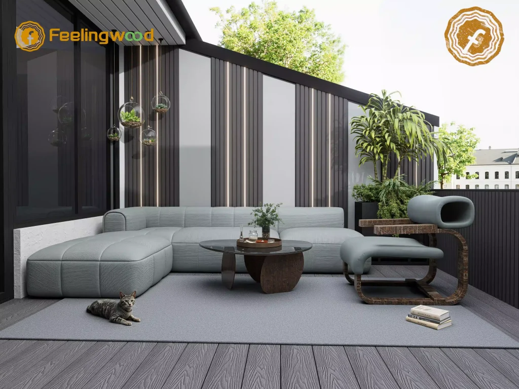 Luxury outdoor living space in Canada with Feelingwood composite decking, fencing, cladding, showcasing the durable, grey wood-grain finish ideal for contemporary home aesthetics and harsh climates.