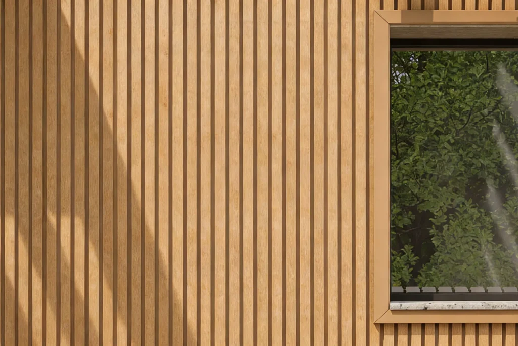 Vertical-grain WPC cladding on a residential exterior wall—showcasing uv-resistant performance, low maintenance advantages, and modern aesthetic appeal.