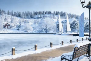 WPC decking on a snow-covered Canadian winter waterfront boardwalk—showcasing low maintenance advantages and winter durability for outdoor viewing spaces.