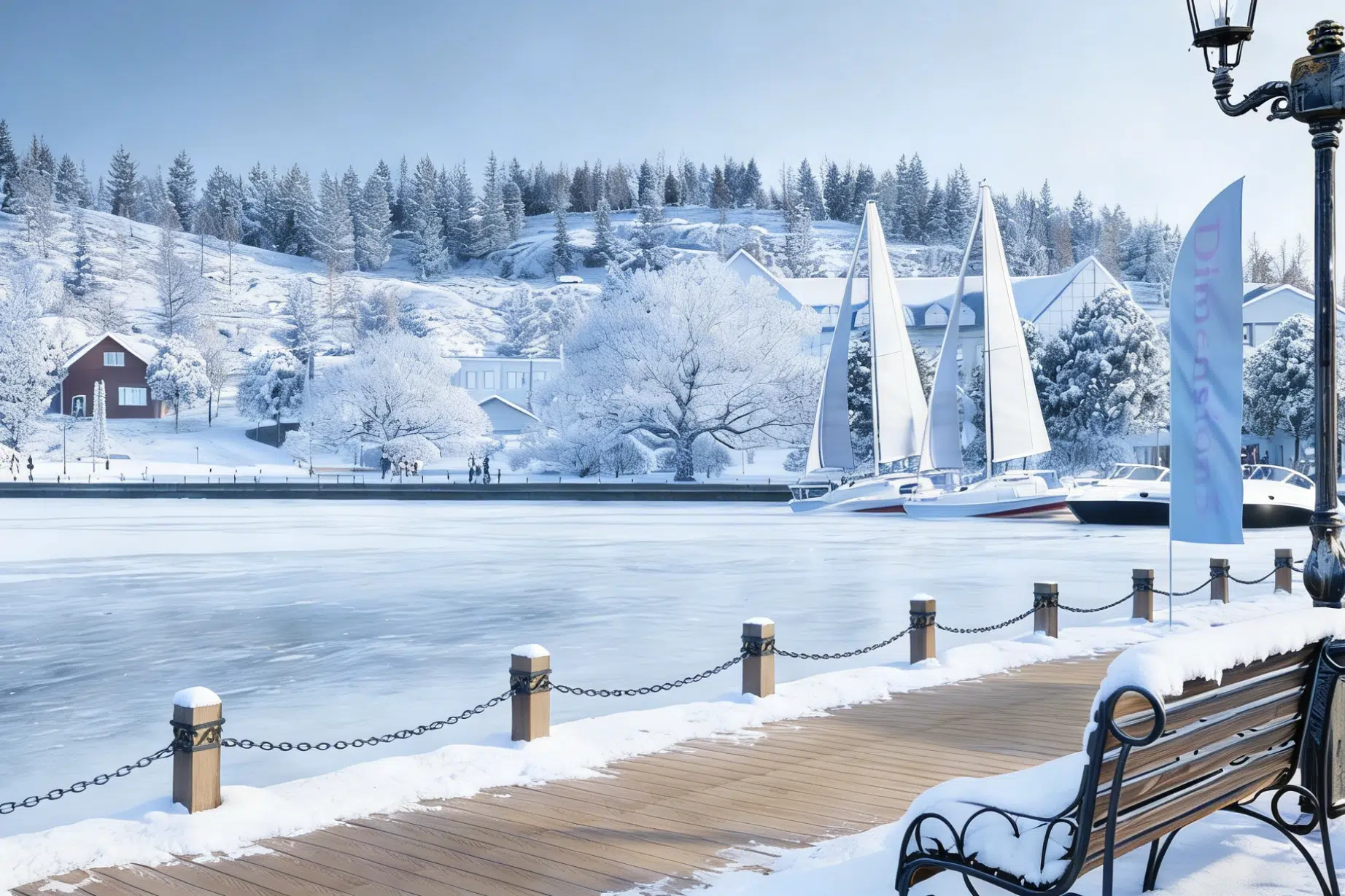 WPC decking on a snow-covered Canadian winter waterfront boardwalk—showcasing low maintenance advantages and winter durability for outdoor viewing spaces.