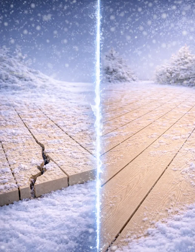Comparison of traditional wood decking cracking under freeze-thaw conditions and stable Feelingwood WPC decking in snowy cold climate environments.