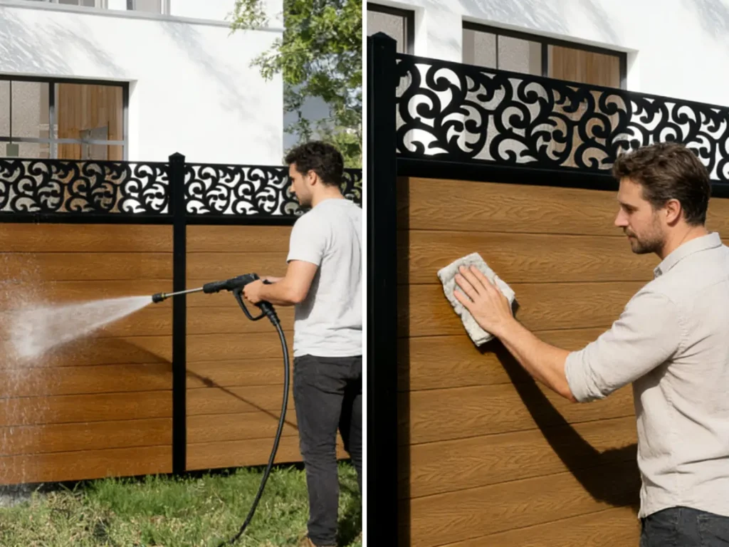 Clear comparison of wrong and right WPC fence cleaning methods in Canada: high-pressure washer (incorrect) vs. gentle cloth wiping (correct) for composite fencing.