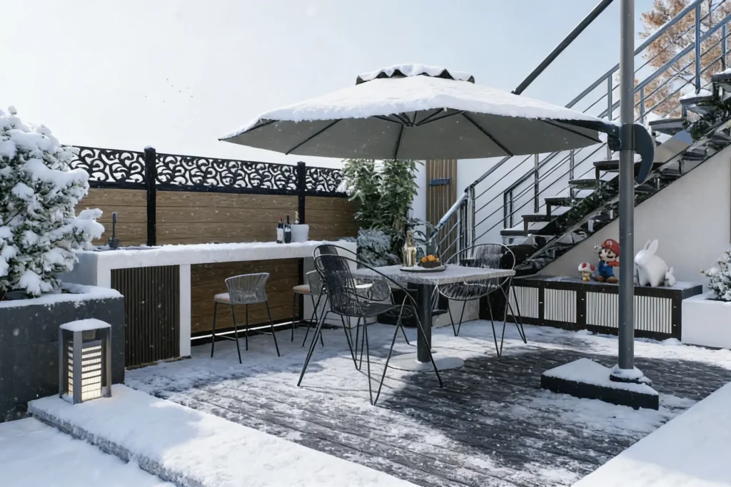 WPC decking and fencing on a snow-covered residential terrace—showcasing low maintenance advantages and winter durability for outdoor leisure spaces.
