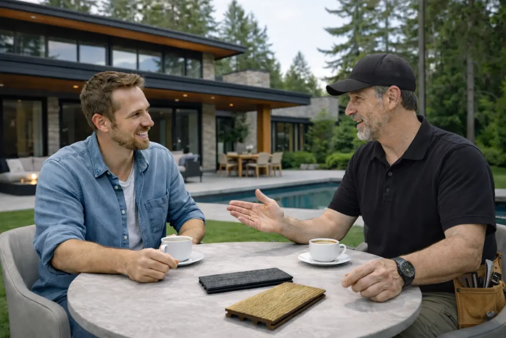 Homeowner discussing wpc decking options with contractor in a Canadian backyard, reviewing WPC decking samples for outdoor project planning