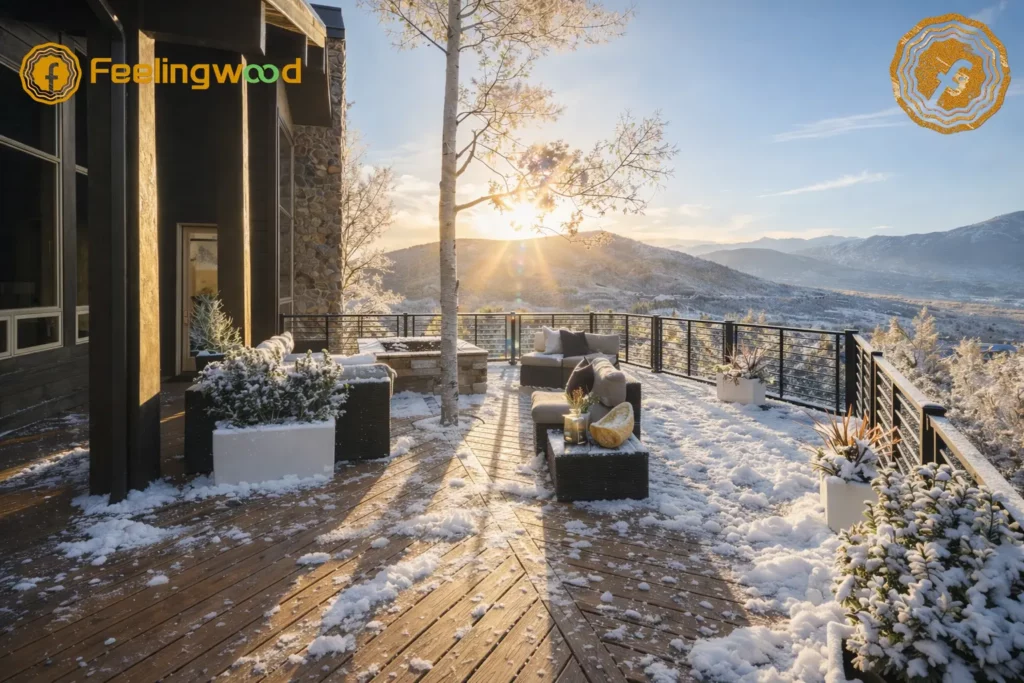 Composite decking in a Canadian winter environment covered with snow, demonstrating durability and resistance to moisture and freeze-thaw conditions