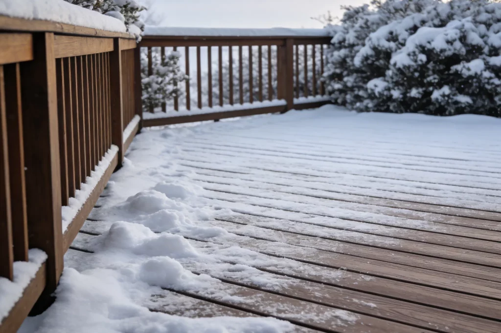 Composite decking in a Canadian winter covered with snow, demonstrating moisture resistance and performance under freeze-thaw conditions