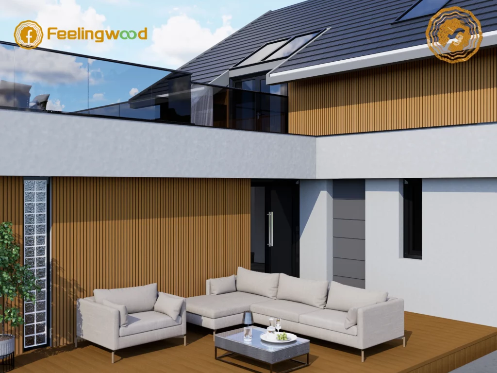 Composite decking combined with exterior wall cladding in a modern outdoor living space, showing integrated application of WPC materials