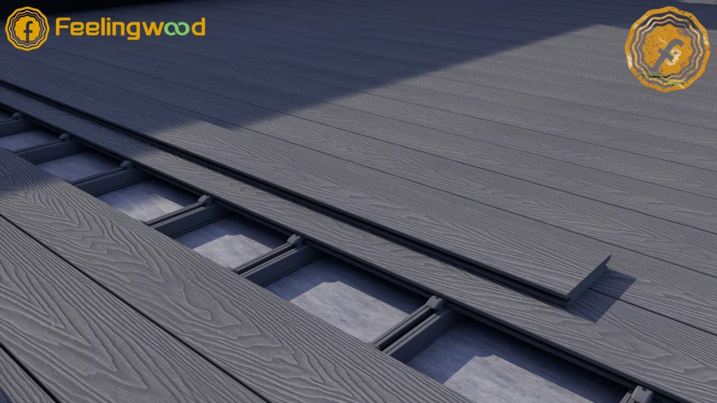 Composite decking installation system with aluminum joists, showing structured layout and fast installation design for outdoor projects