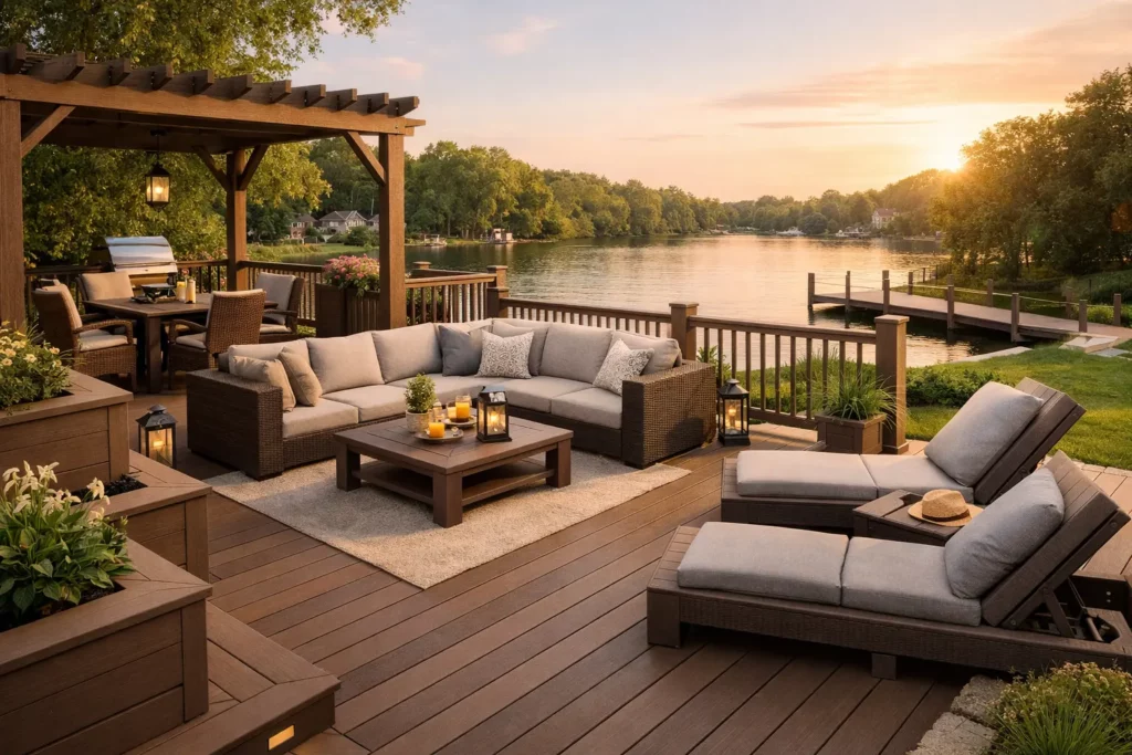 Outdoor living space with composite decking in a Canadian backyard, featuring seating, pergola, and lakefront relaxation area