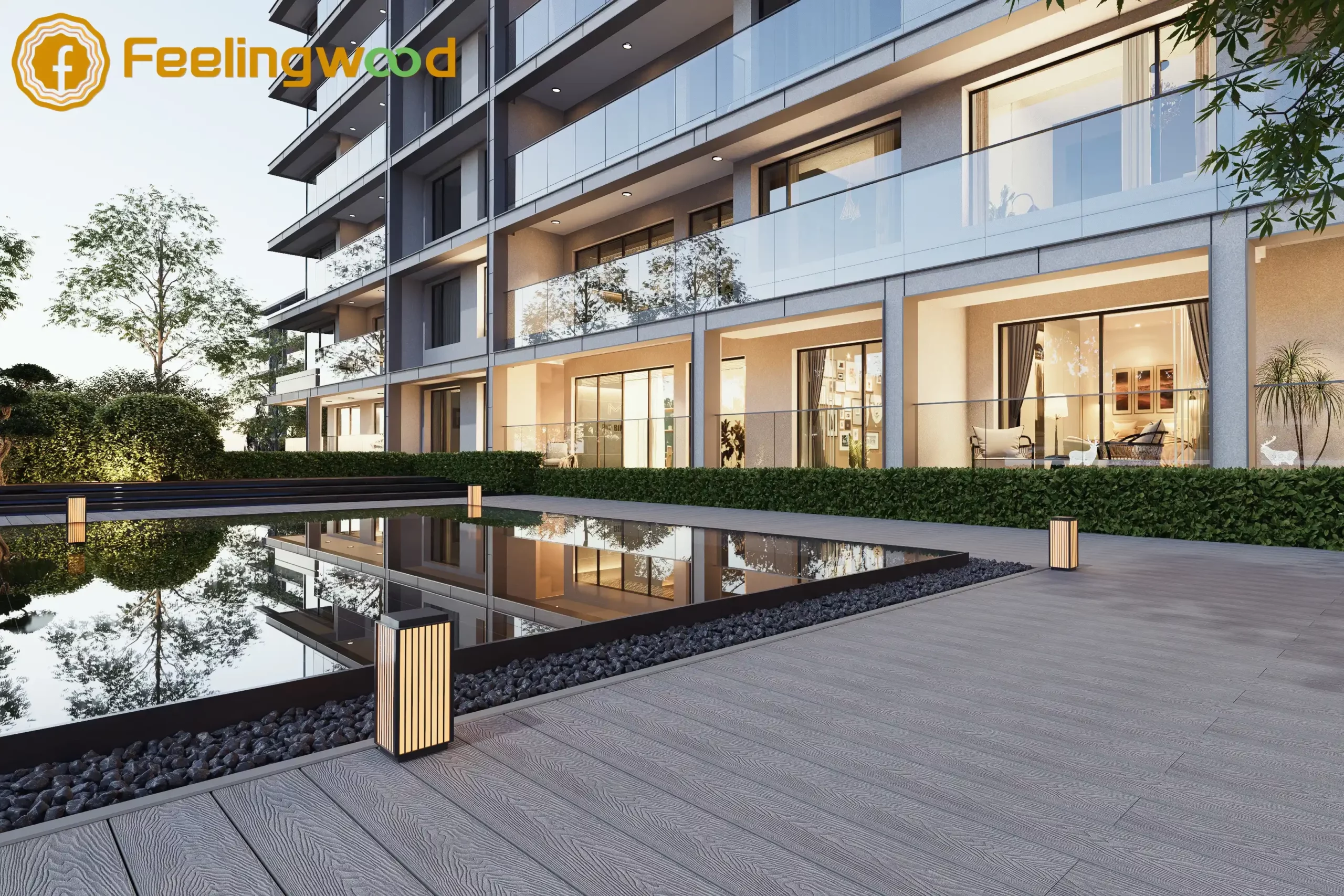 WPC decking used in a large-scale outdoor project, showing consistent application across multi-unit residential buildings