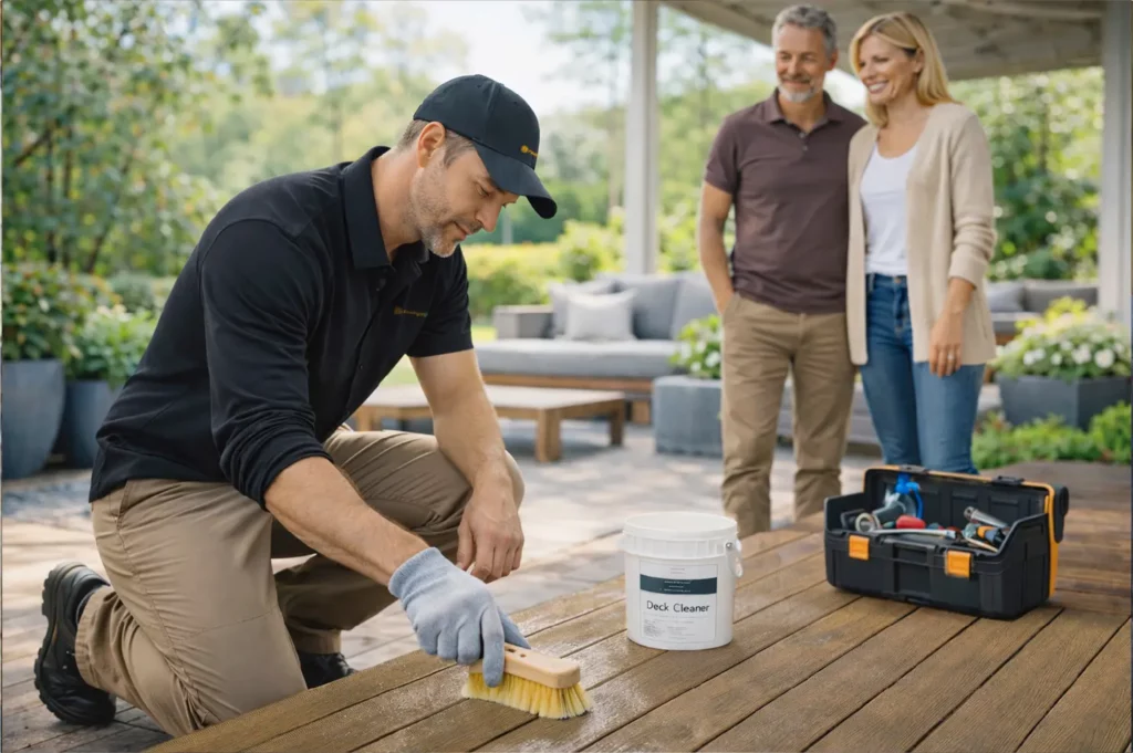 Contractor cleaning composite decking surface in a Canadian backyard, demonstrating low-maintenance care and long-term usability
