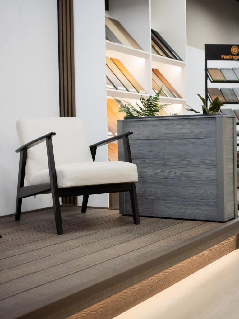 Composite decking samples displayed in a showroom, allowing material selection and comparison for outdoor projects in Canada
