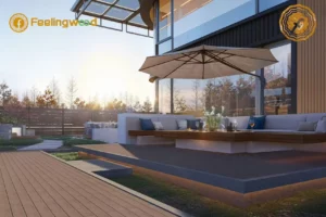 Modern outdoor living space with composite decking in Canada, featuring a finished backyard design with integrated seating and warm lighting