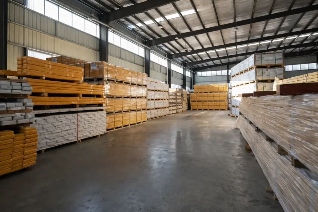 Composite decking inventory stored in warehouse, showing stable stock availability and supply support for contractors and dealers