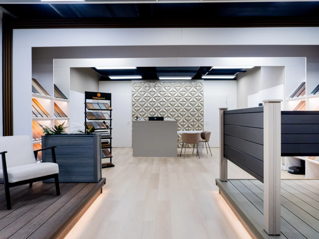 Modern FeelingWood showroom in Canada showcasing WPC decking, fencing, and cladding samples, designed for dealers to explore complete outdoor solutions and system-based product displays.