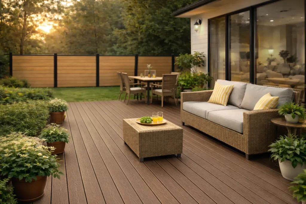 FeelingWood WPC decking in a backyard setting with wooden outdoor furniture, green plants, and a modern patio layout showcasing natural wood grain texture.