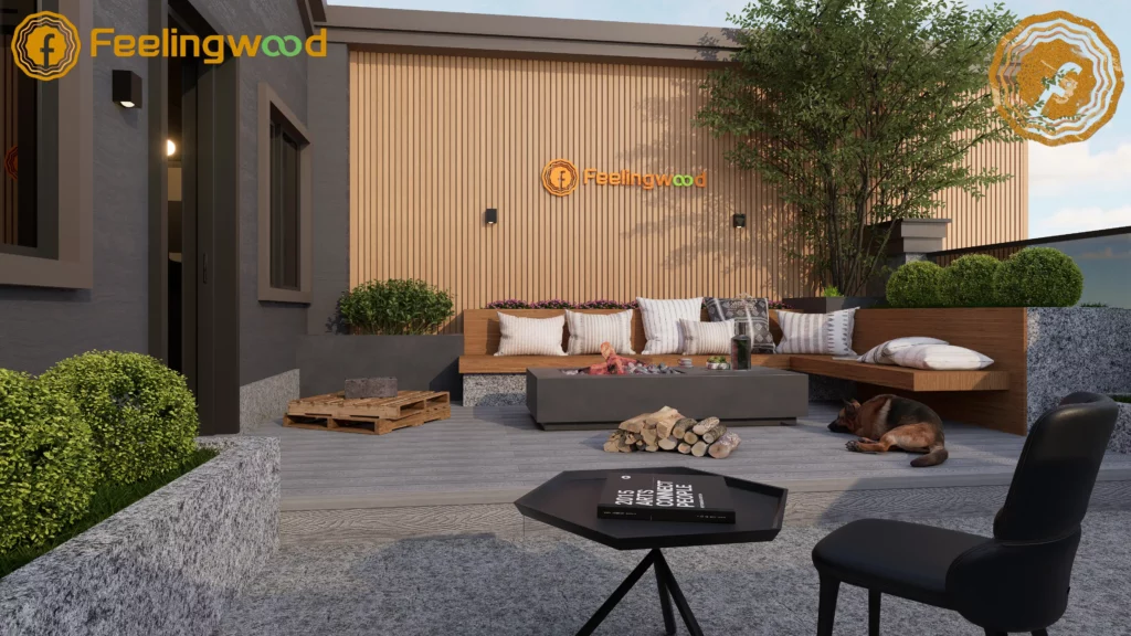 FeelingWood WPC decking in a backyard with sectional wooden seating, fire pit, greenery, and modern patio layout showcasing natural wood textures.