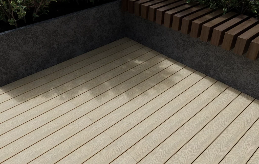 FeelingWood WPC decking with detailed wood grain texture, wooden bench, and planter box in a modern backyard setting.
