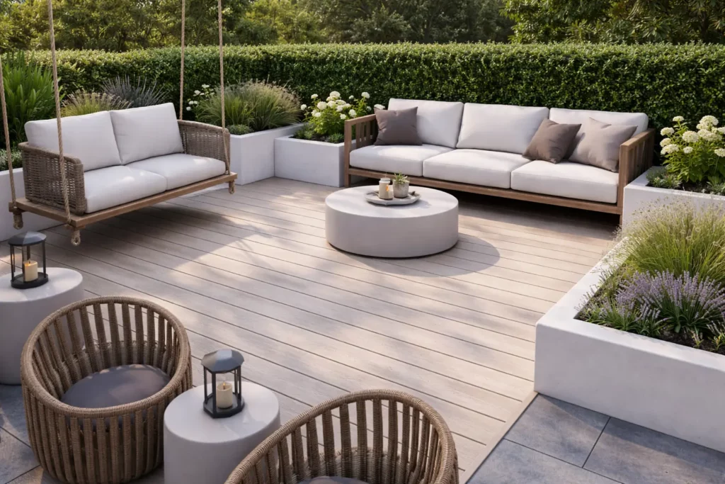 Modern small Canadian backyard with light grey Feelingwood WPC decking, showcasing smart space maximization with outdoor furniture and planters for compact patio living.