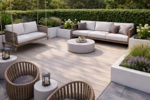 Modern small Canadian backyard with light grey Feelingwood WPC decking, showcasing smart space maximization with outdoor furniture and planters for compact patio living.
