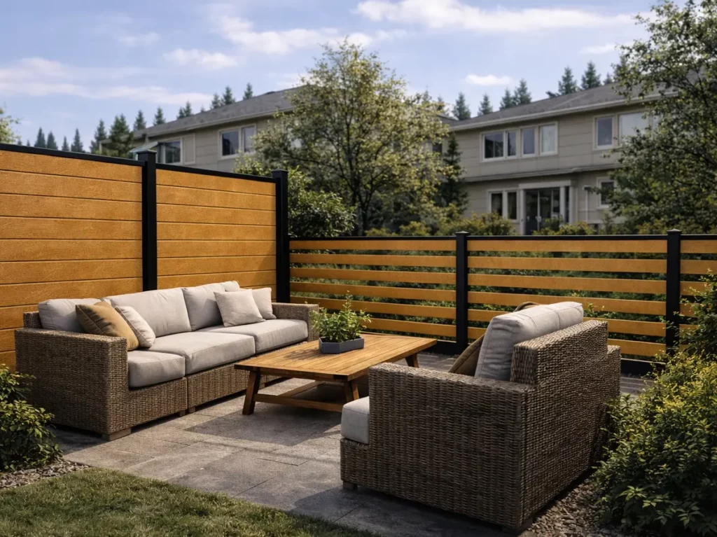 Modern Canadian backyard patio featuring a mixed design of solid and slatted light brown WPC fences, combining privacy and airflow with outdoor wicker furniture.