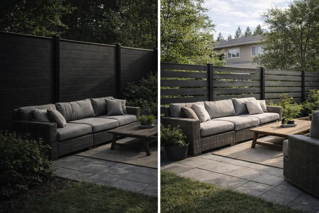 Comparison of solid and slatted dark grey WPC fences in a Canadian backyard patio, showcasing privacy and semi-private design options for outdoor living spaces.