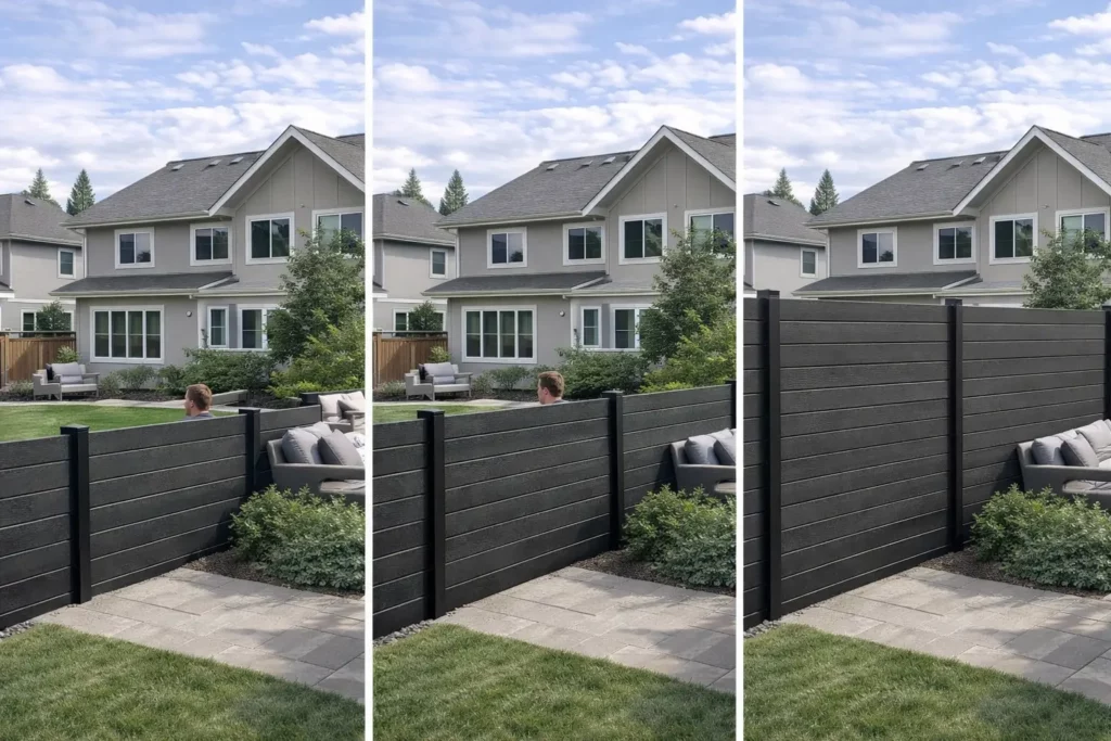 Black WPC privacy fence with horizontal slats, installed at optimal height for Canadian suburban backyards, providing privacy while complementing modern residential landscape design.