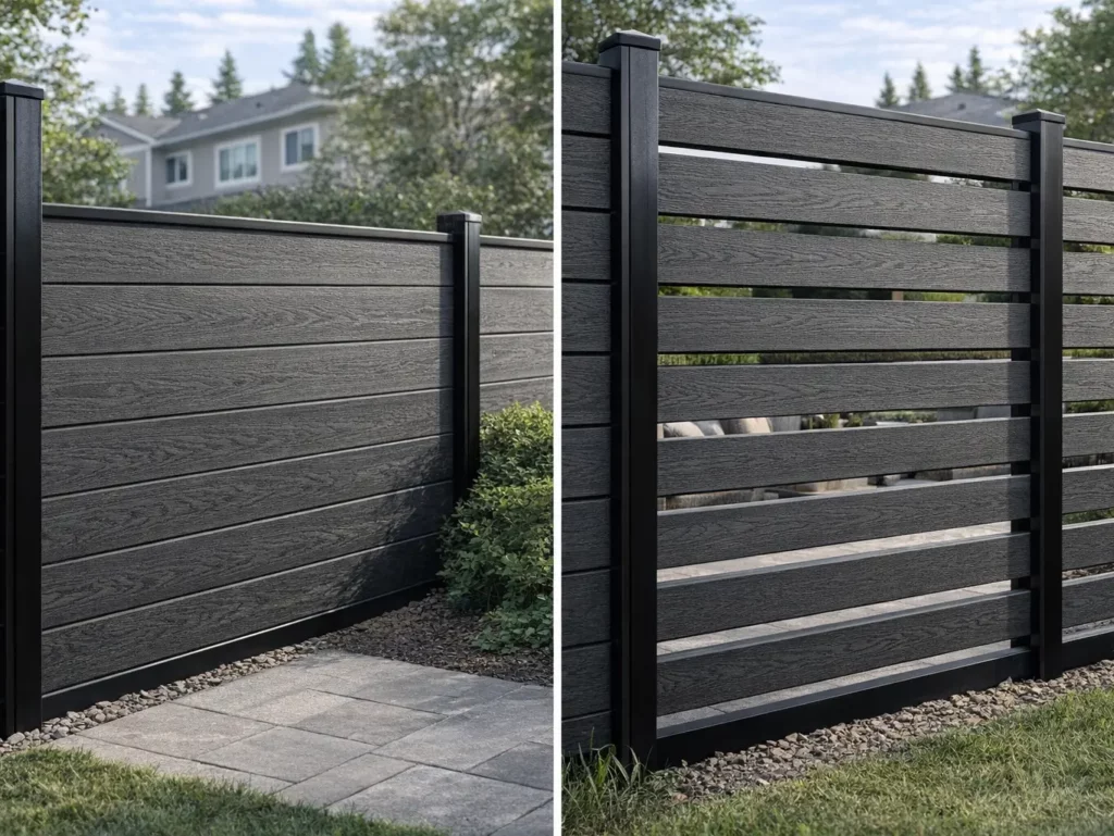 Comparison of solid and slatted dark grey WPC fences for Canadian backyards, showing privacy and semi-private design options for modern residential landscaping.
