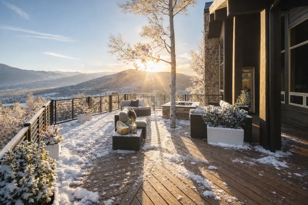 Canadian residential outdoor deck with WPC decking, demonstrating climate durability and long-term value in winter conditions, ideal for exterior renovation projects focused on low maintenance and performance.