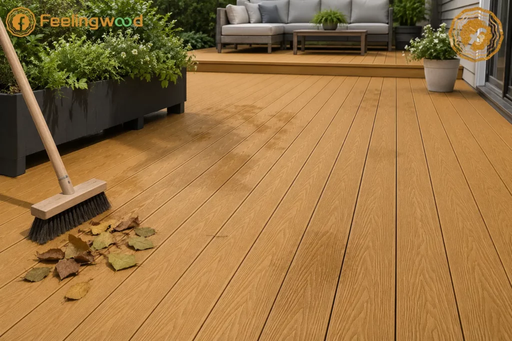 Composite decking with a broom, fallen leaves, planters, and clean board gaps, showing gentle moisture maintenance and mold prevention in an outdoor living space.